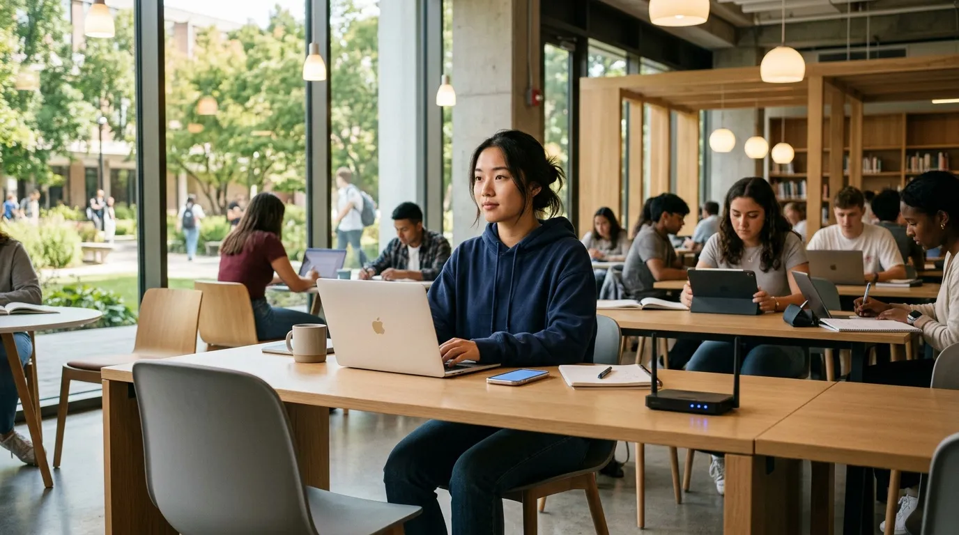 Jeune femme étudiant avec ordinateur portable en bibliothèque