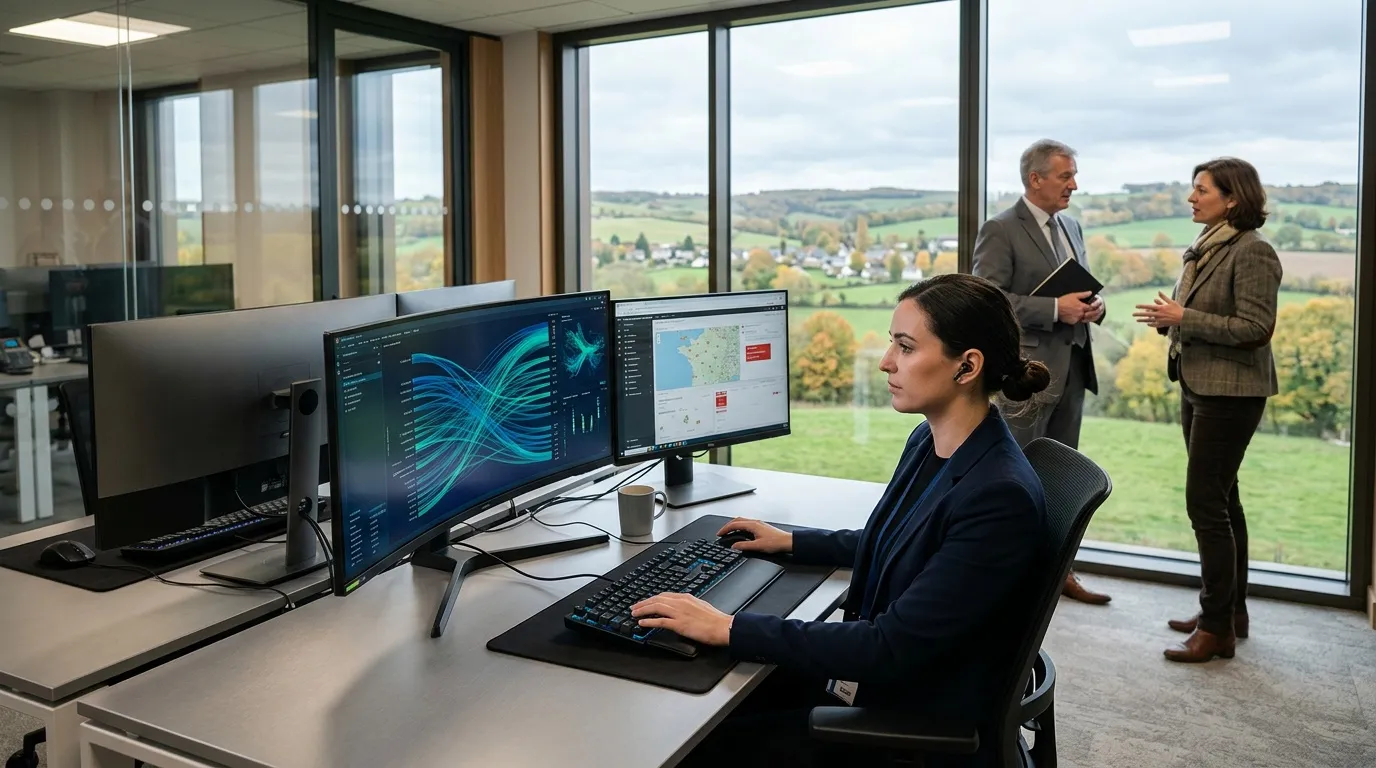 Femme travaillant sur ordinateurs dans un bureau haut étage avec vue panoramique