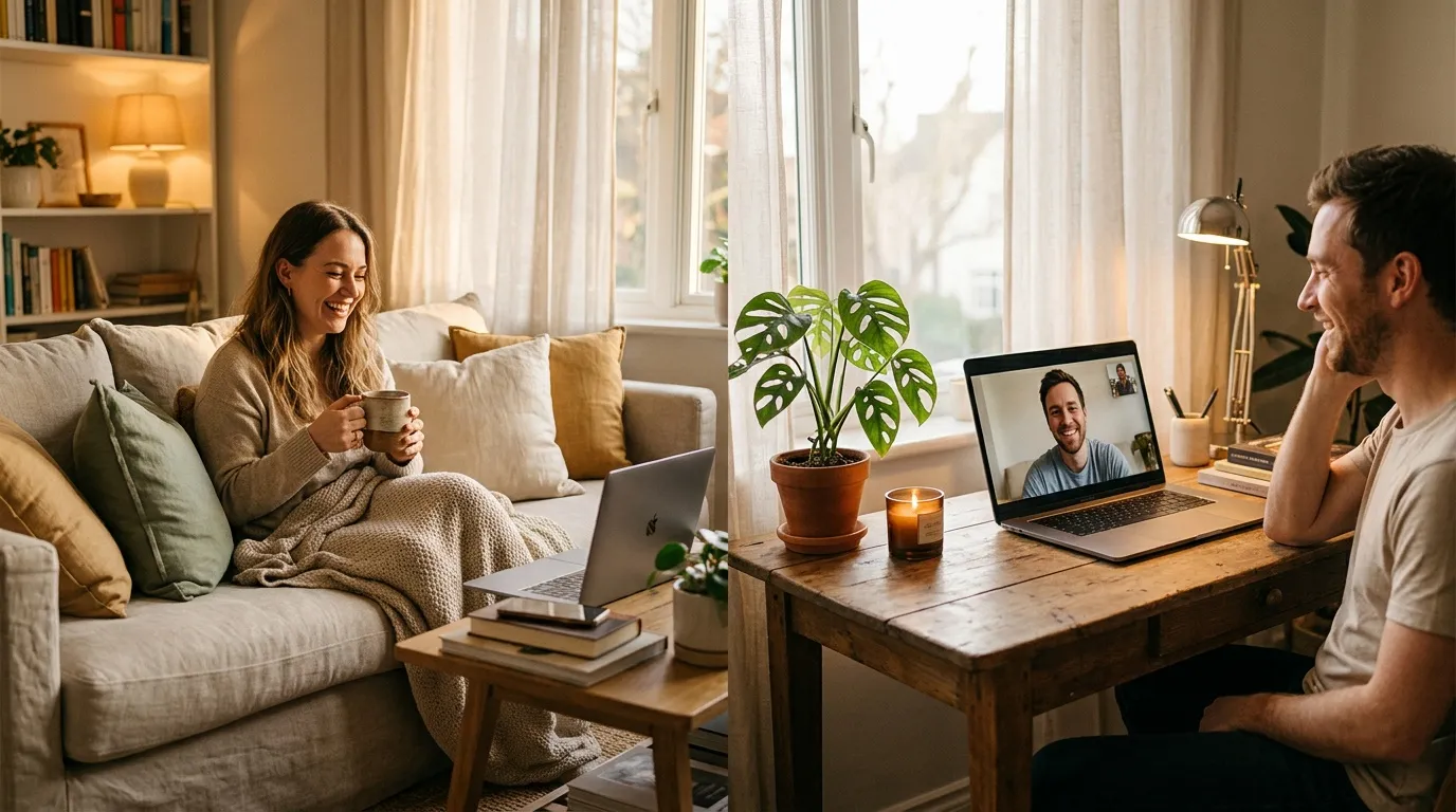 Homme et femme en appel vidéo depuis leur salon moderne.