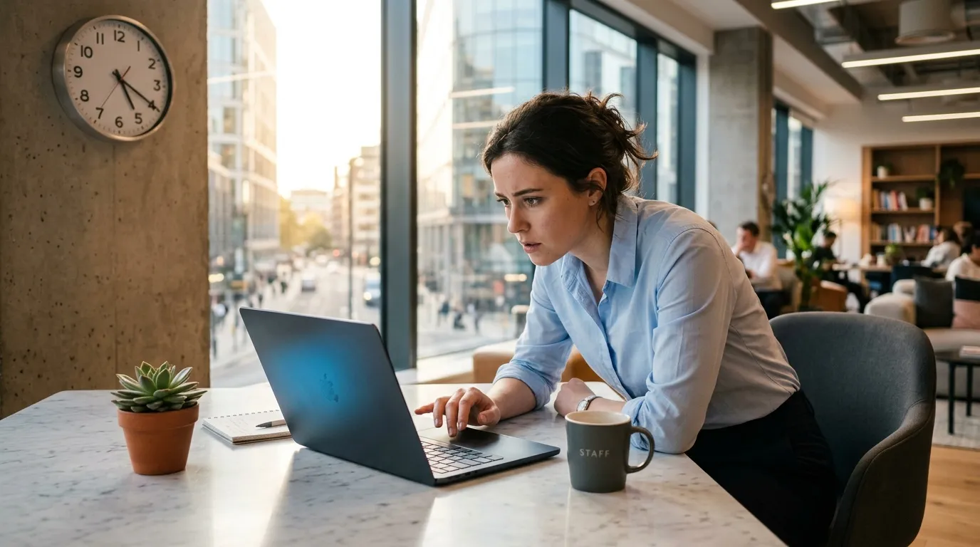 Femme en chemise bleue travaille sur laptop au bureau