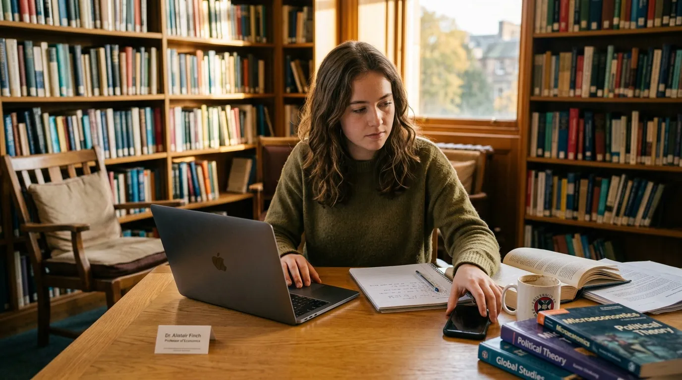 Jeune femme étudie à son ordinateur portable en bibliothèque