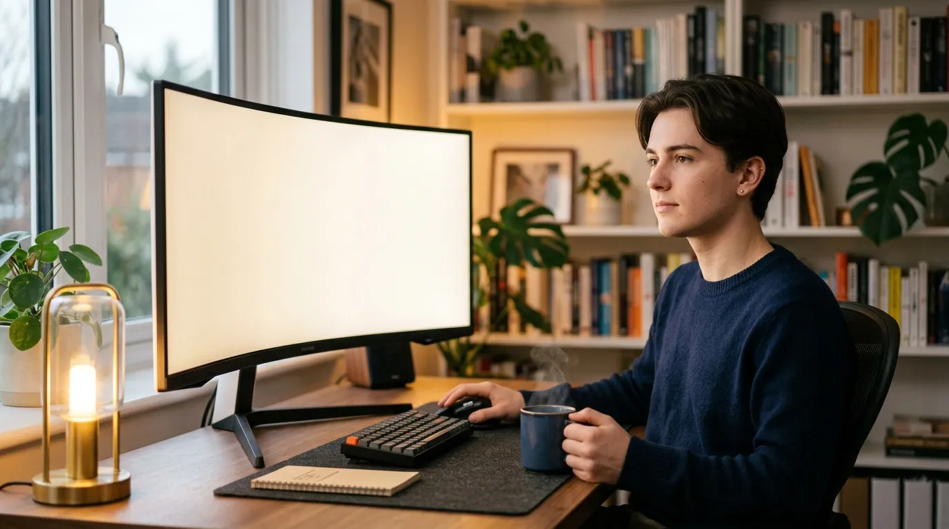 Jeune homme assis &agrave; son bureau avec &eacute;cran blanc, clavier et caf&eacute;