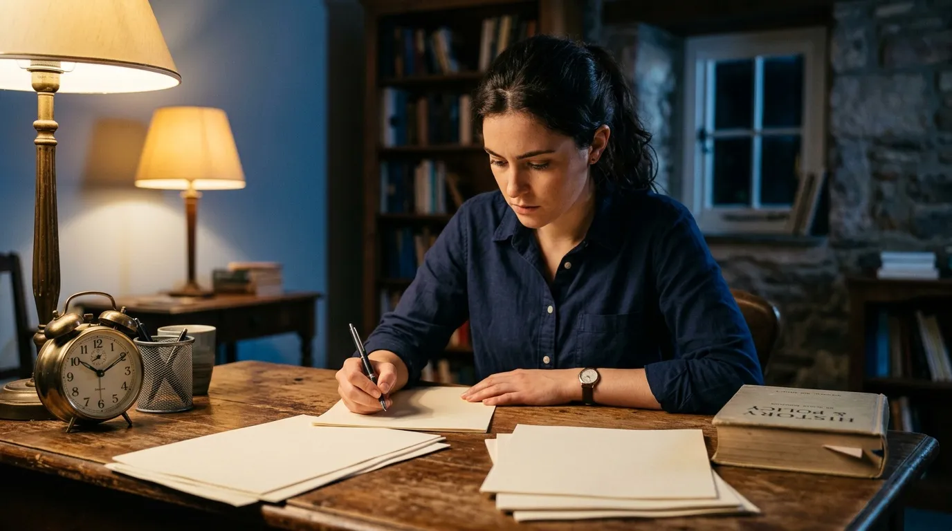 Femme concentrée écrivant à un bureau en soirée