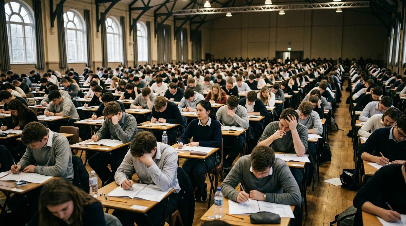 Centaines d'étudiants passent un examen écrit en grand amphithéâtre