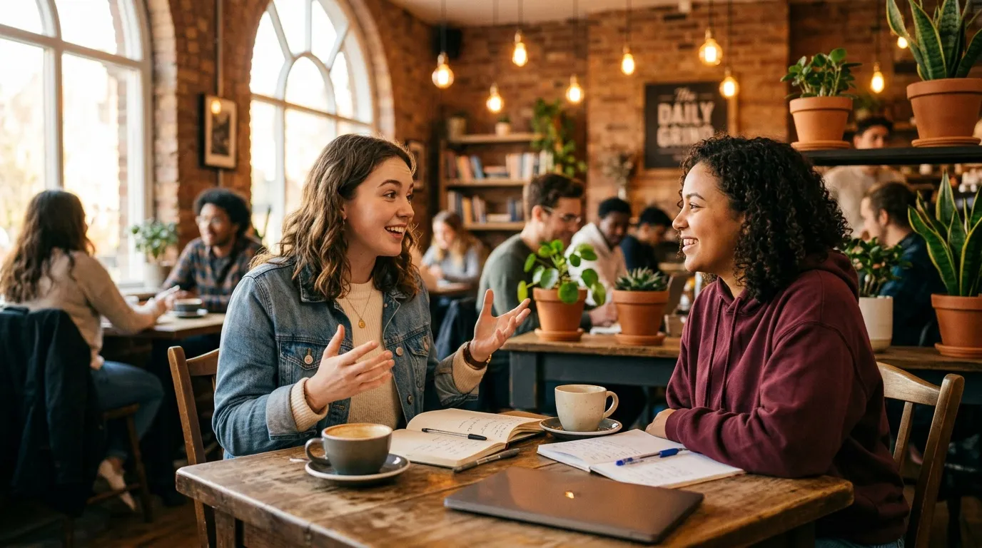Deux femmes discutent joyeusement autour d'un café dans un espace coworking