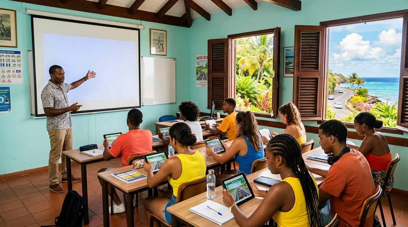 Professeur enseignant à des étudiants avec tablettes numériques