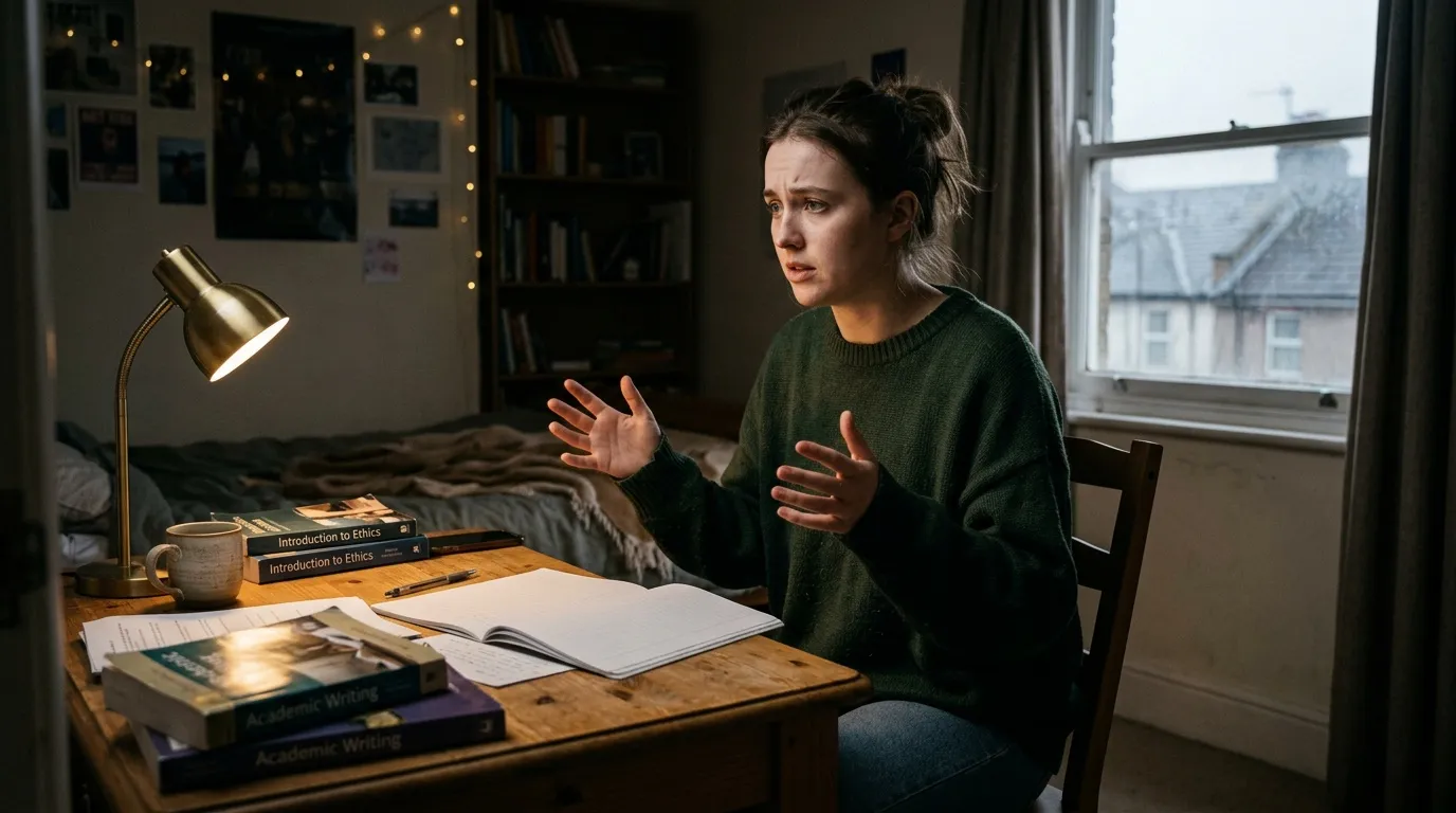 Jeune femme travaillant à son bureau avec livres d'éthique