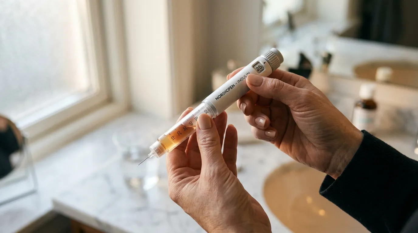 Mains tenant un stylo injecteur d'insuline Nordisk 29