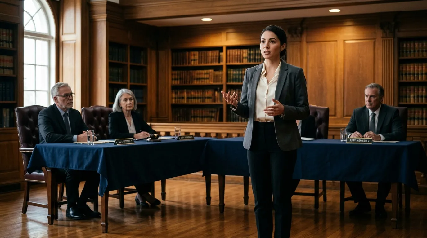 Femme avocate présente ses arguments devant trois jurés en salle d'audience