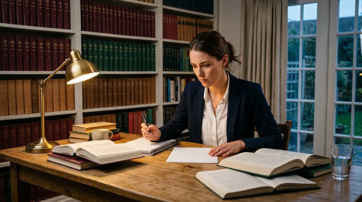 Femme juriste &eacute;crivant &agrave; son bureau avec livres de droit