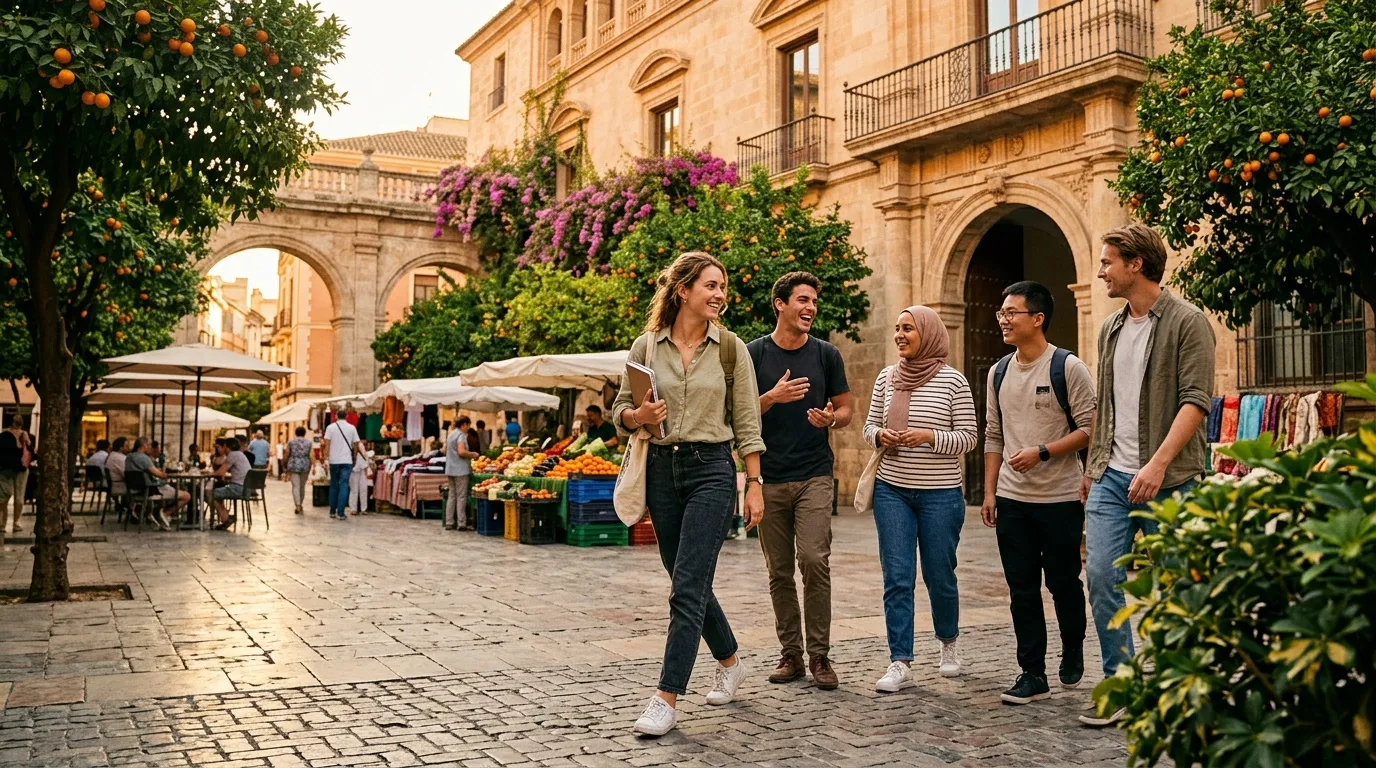Groupe de jeunes touristes marchant dans une plaza historique ensoleillée