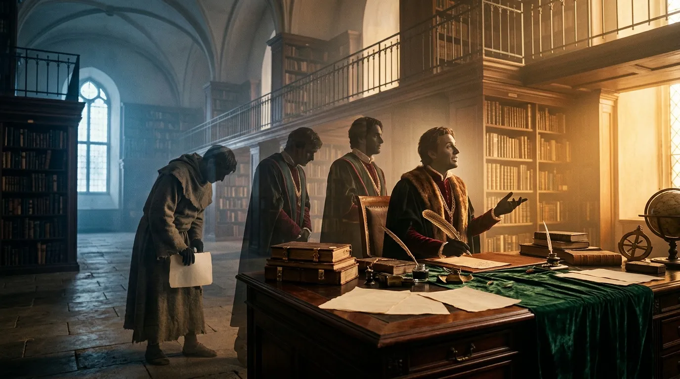 Quatre hommes en robes discutent dans une bibliothèque ancienne