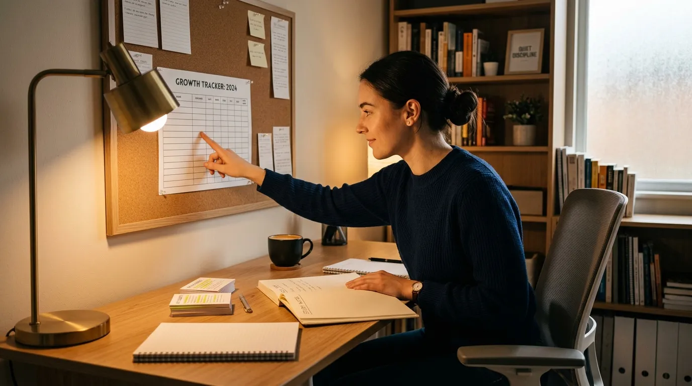 Femme consultant un tableau de suivi de croissance à son bureau