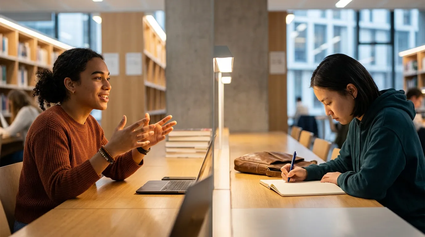 Two students study together at table in library with laptop