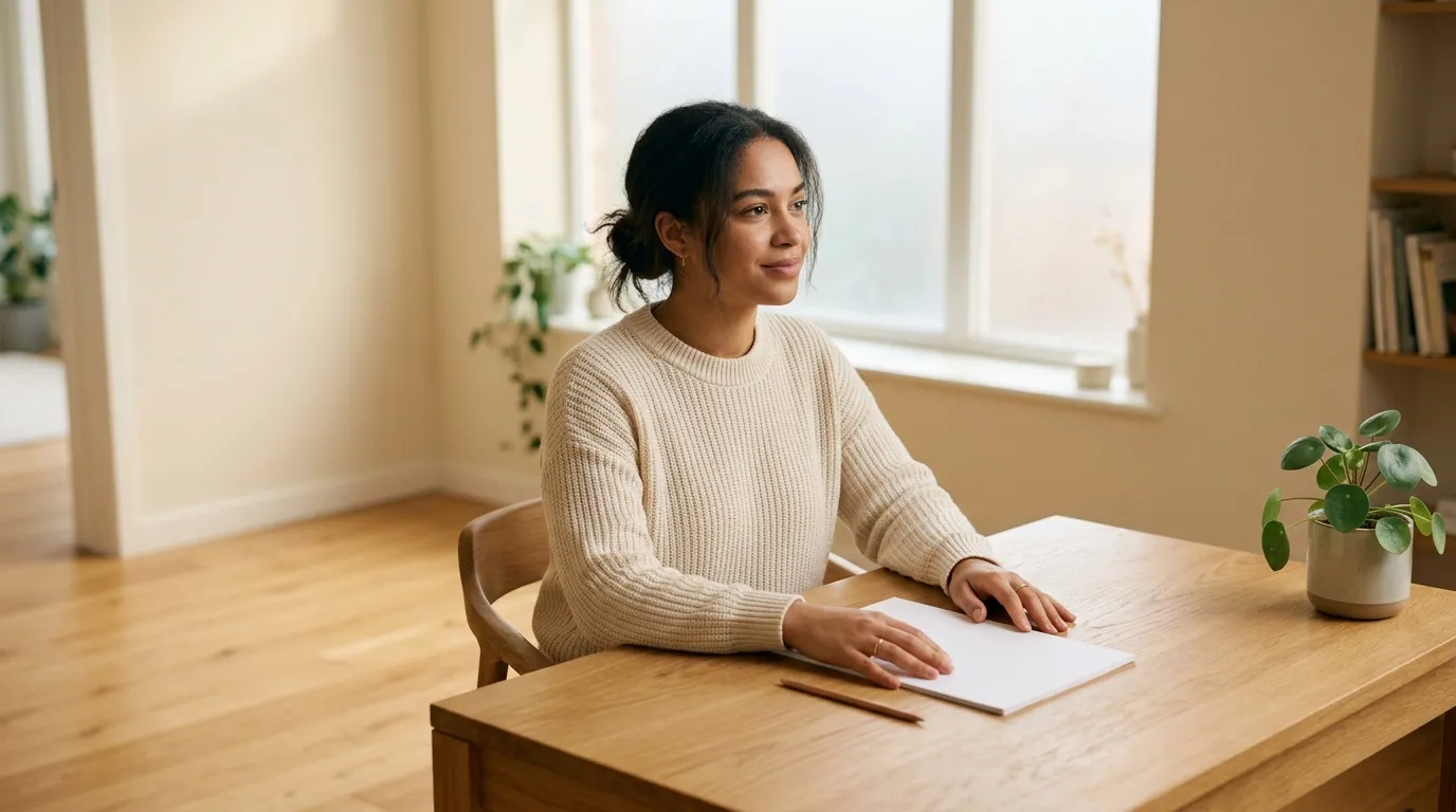 Femme assise à un bureau avec bloc-notes et plante