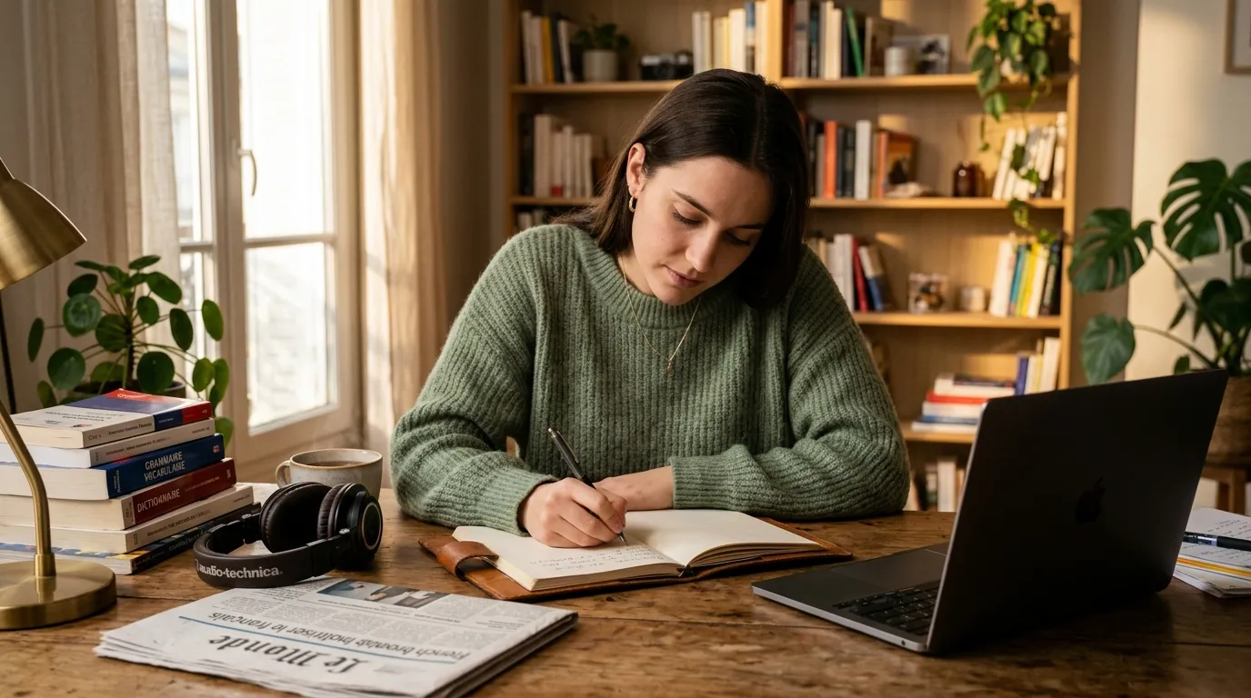 Femme en pull vert &eacute;crivant dans un cahier, bureau d'&eacute;tude