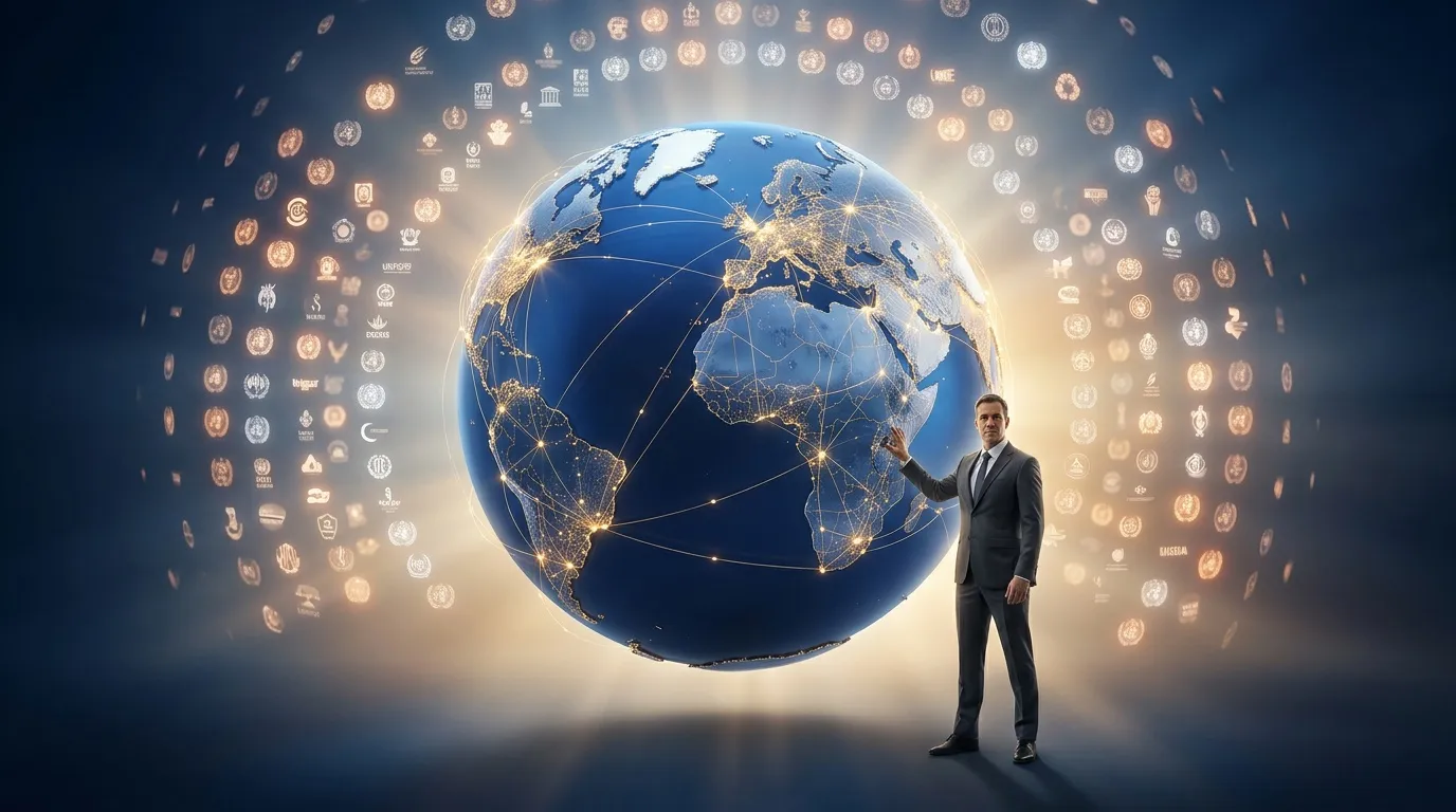 Homme d'affaires devant globe connecté avec logos institutionnels