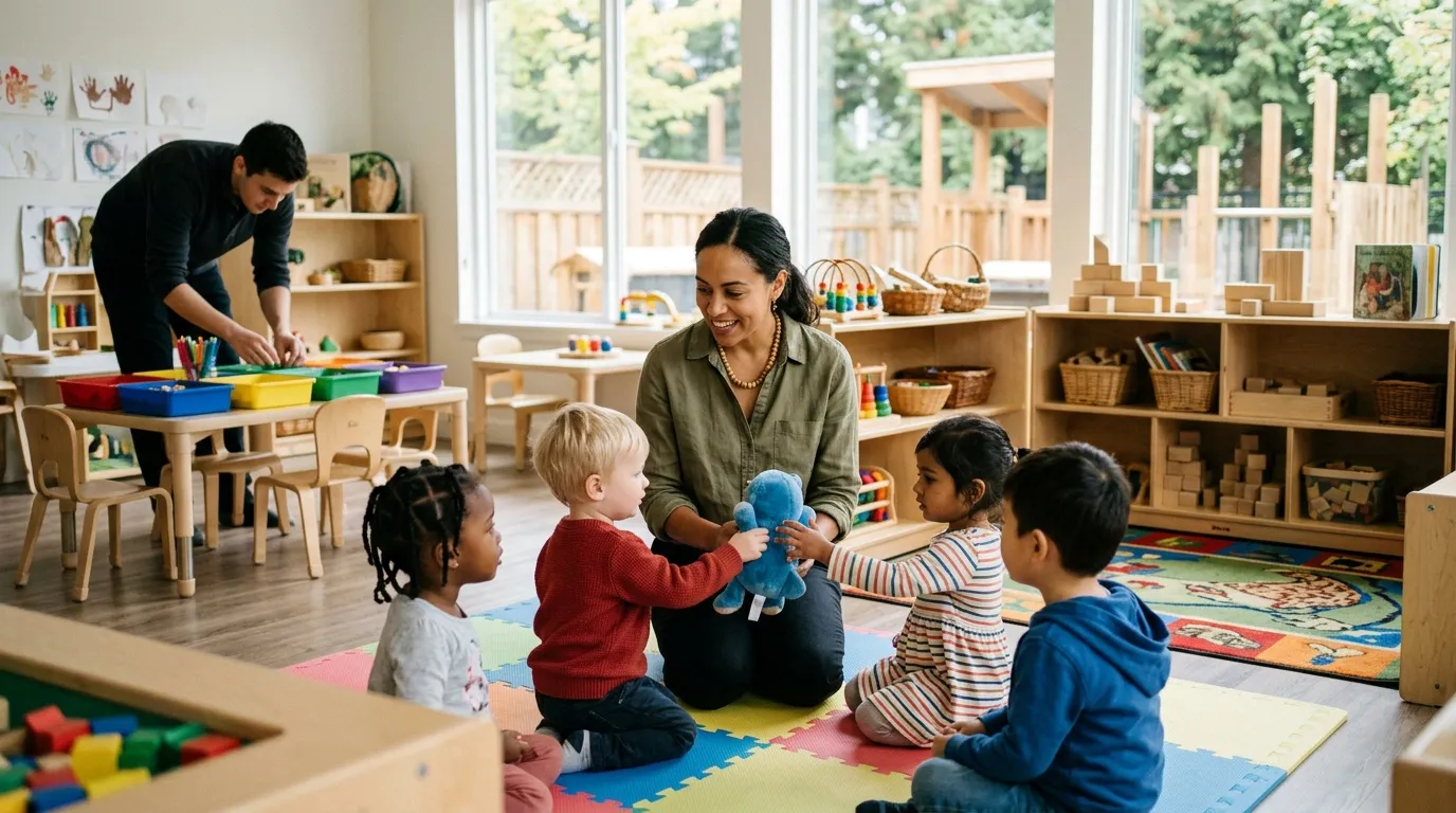 Éducatrice avec enfants jouant ensemble à la maternelle