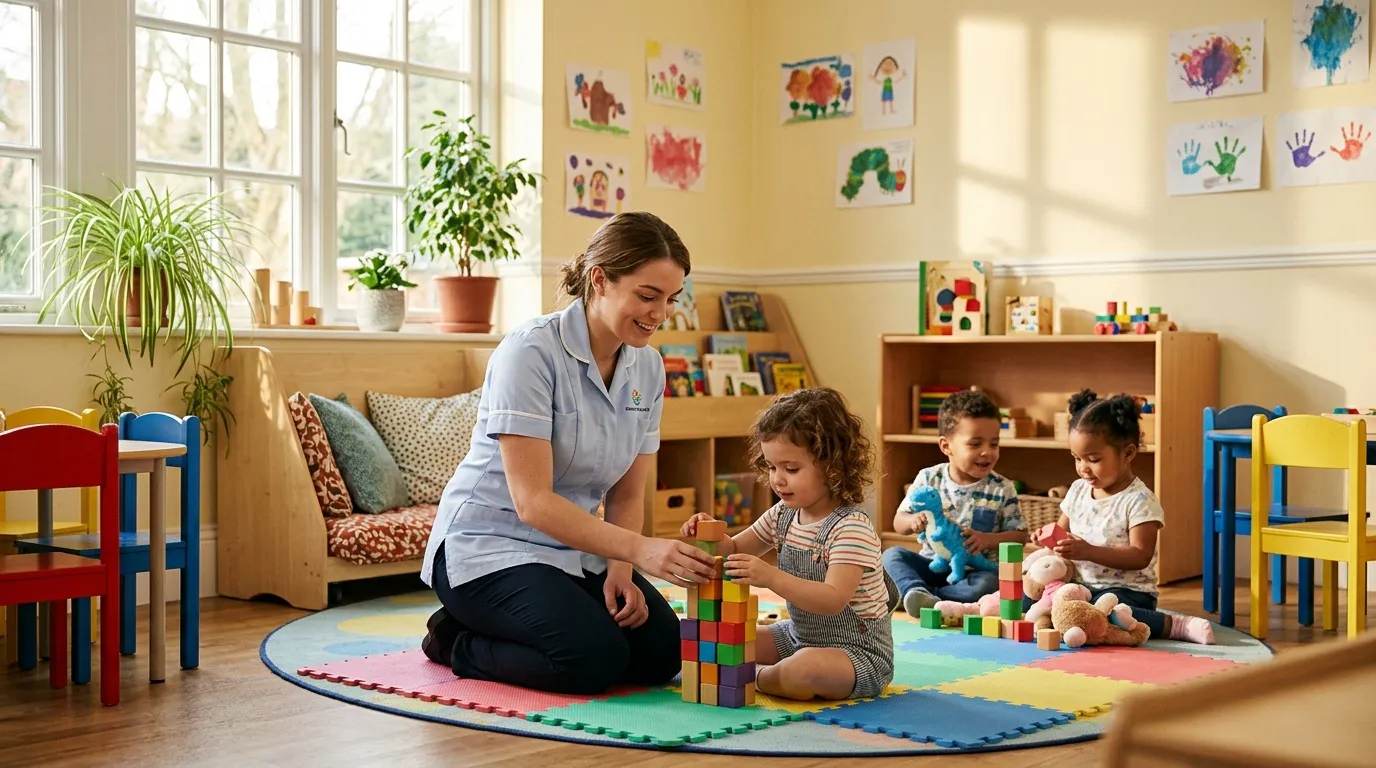 Une éducatrice joue avec quatre jeunes enfants sur un tapis coloré.