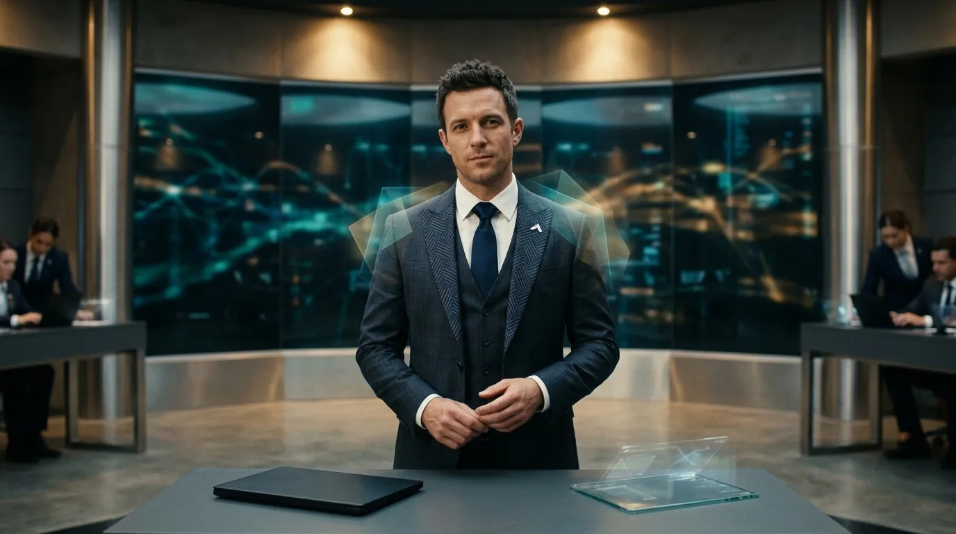 Homme en costume dans un bureau futuriste avec vue urbaine