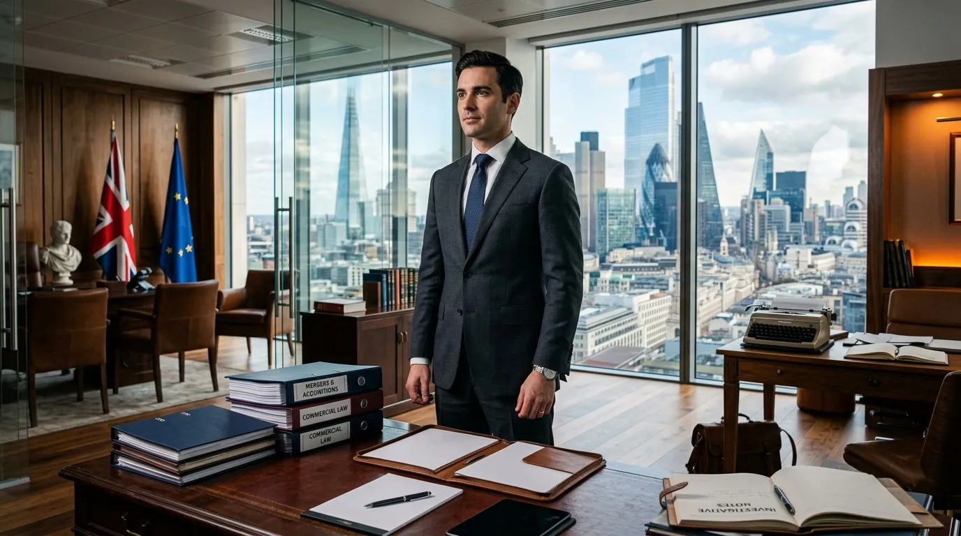 Professionnel du droit en costume dans bureau avec vue sur Londres