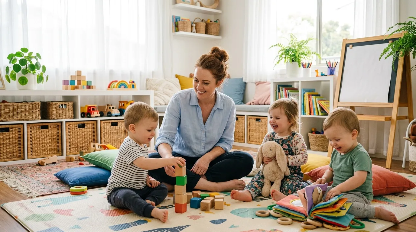 Une femme joue avec trois jeunes enfants dans une salle color&eacute;e.