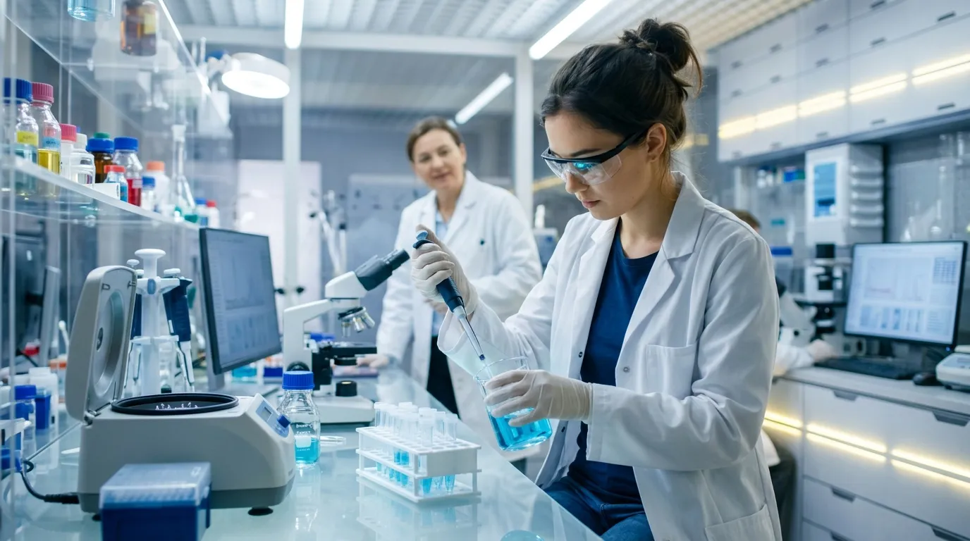 Scientifique manipule pipette dans laboratoire moderne équipé