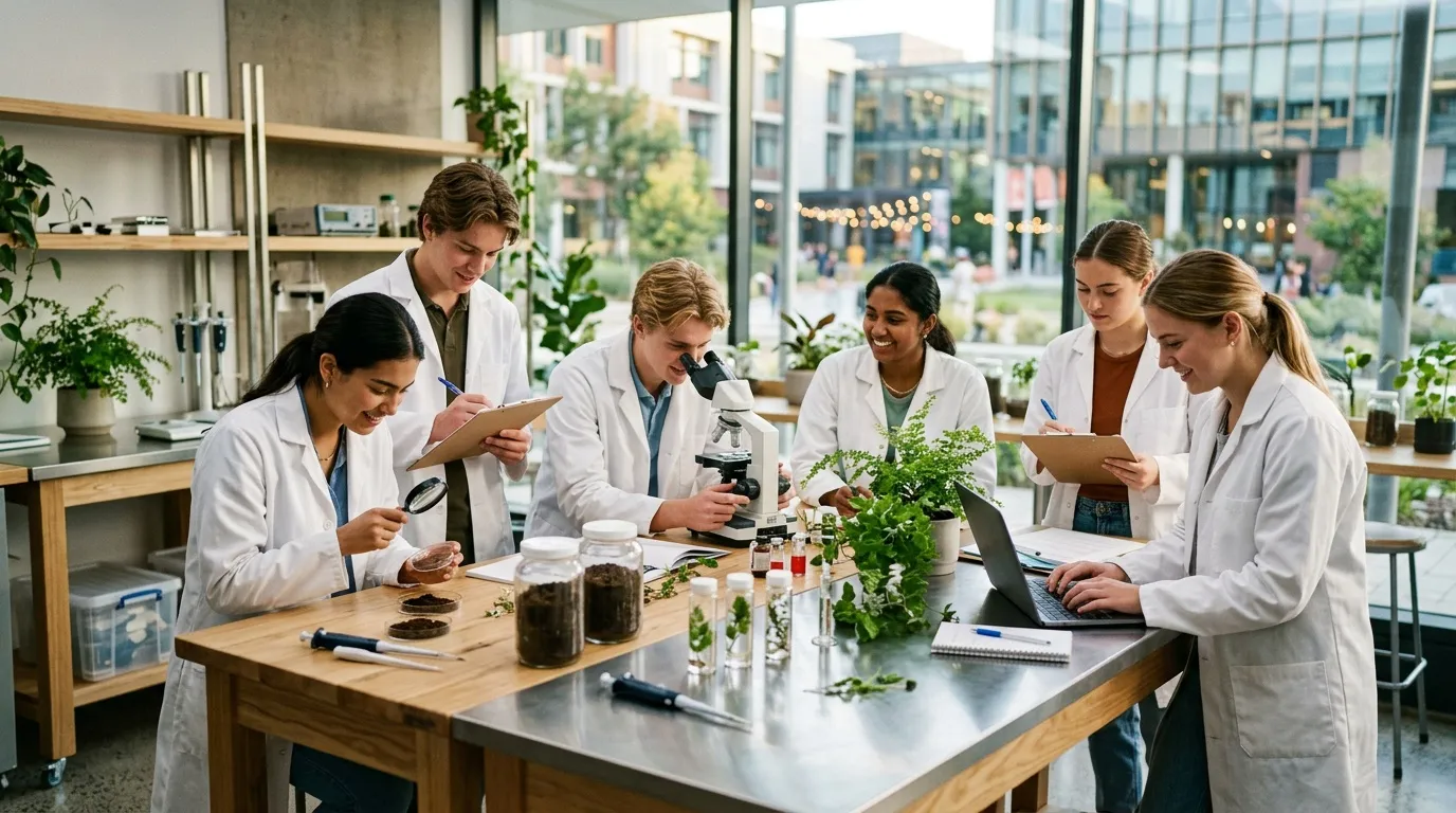 Chercheurs en laboratoire observant et analysant des plantes vertes