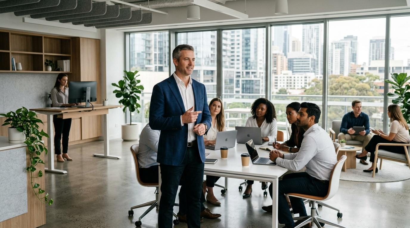 Homme en blazer bleu présentant à des collègues dans un bureau contemporary.