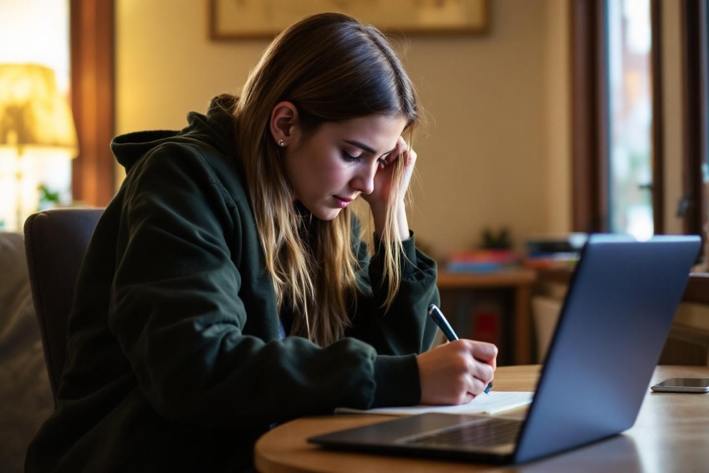 Jeune étudiante travaillant sur ordinateur portable avec application