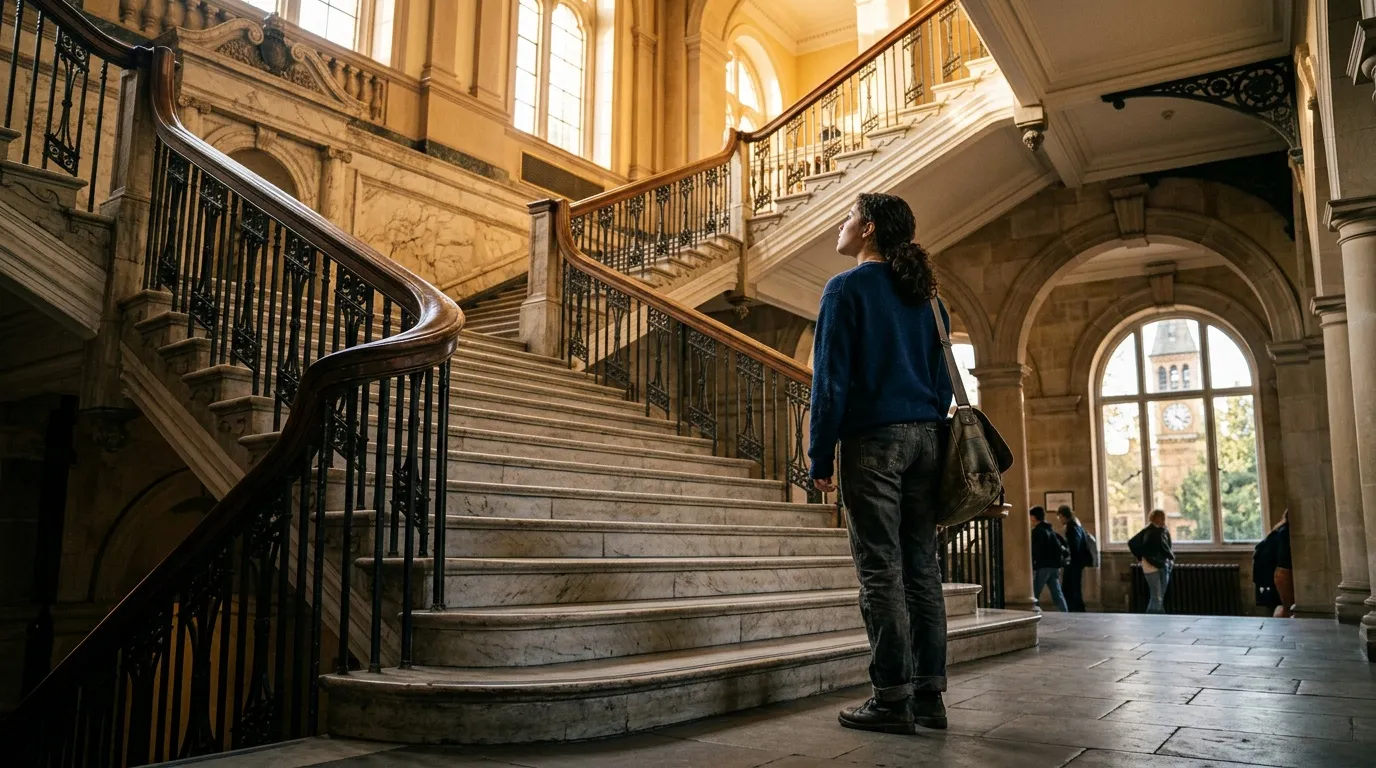 Personne admirant un grand escalier de pierre dans un b&acirc;timent historique