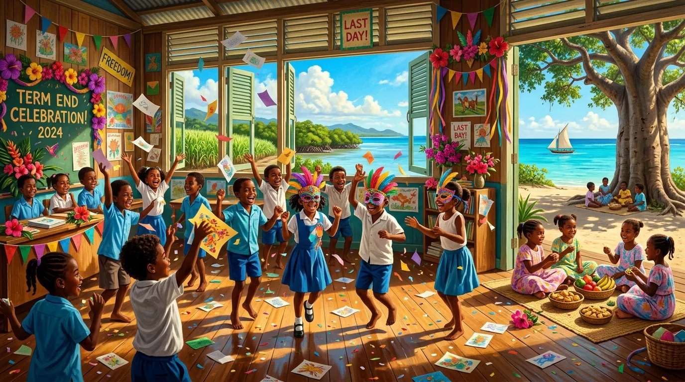 Enfants en uniforme célébrant la fin de l'année scolaire à la plage