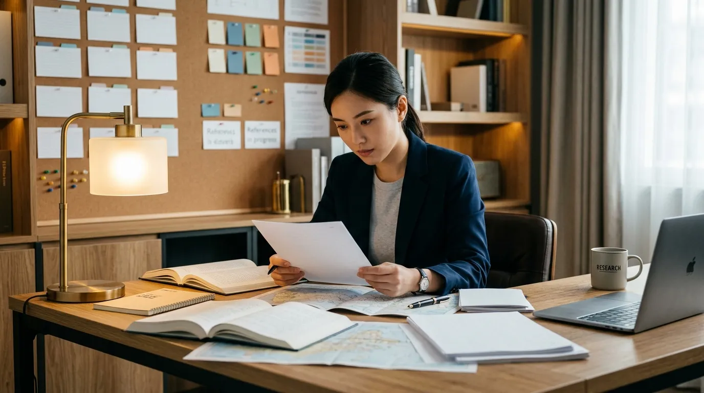 Femme en blazer bleu lisant des documents à son bureau de travail