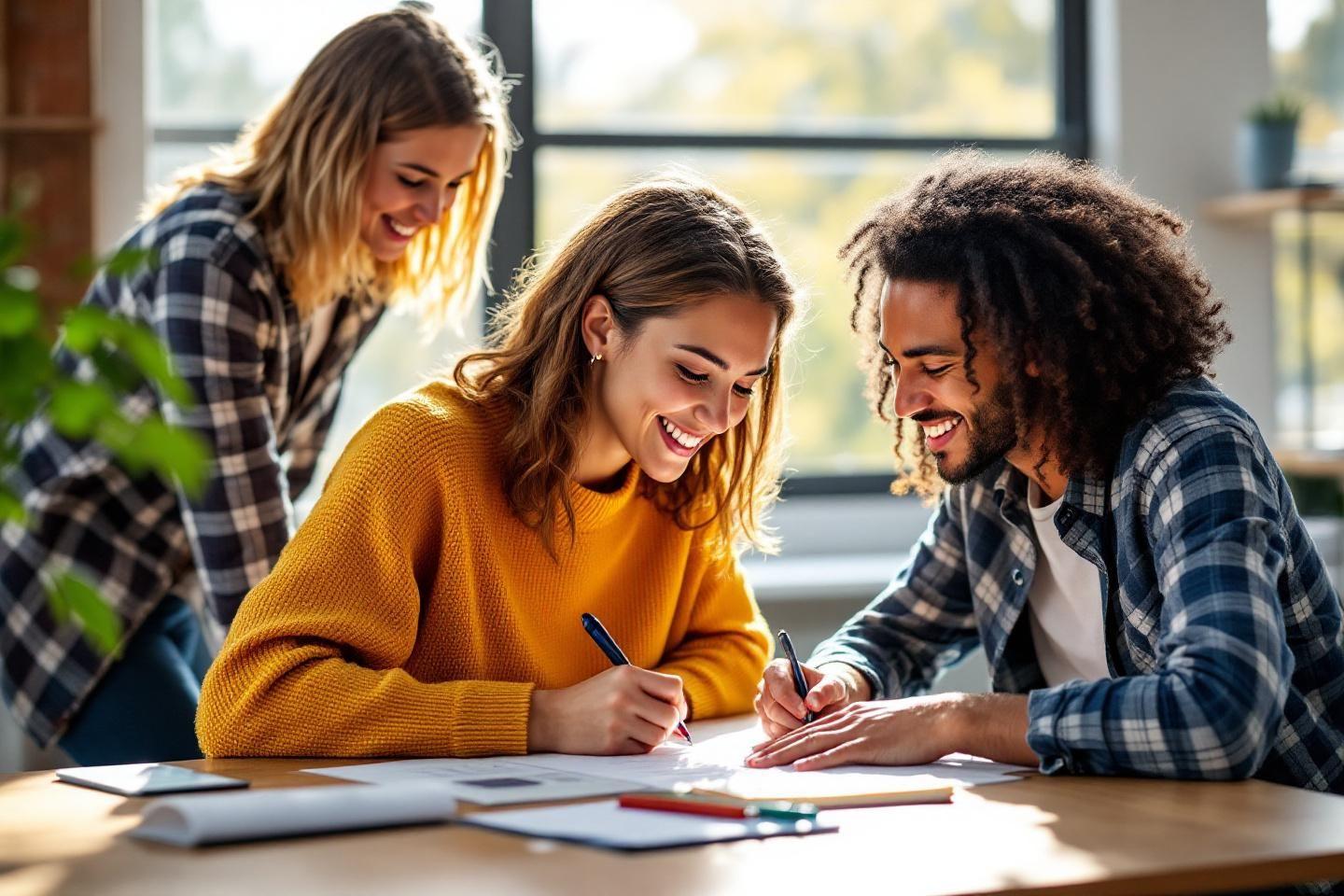 Groupe d'étudiants souriants travaillant sur un projet commun