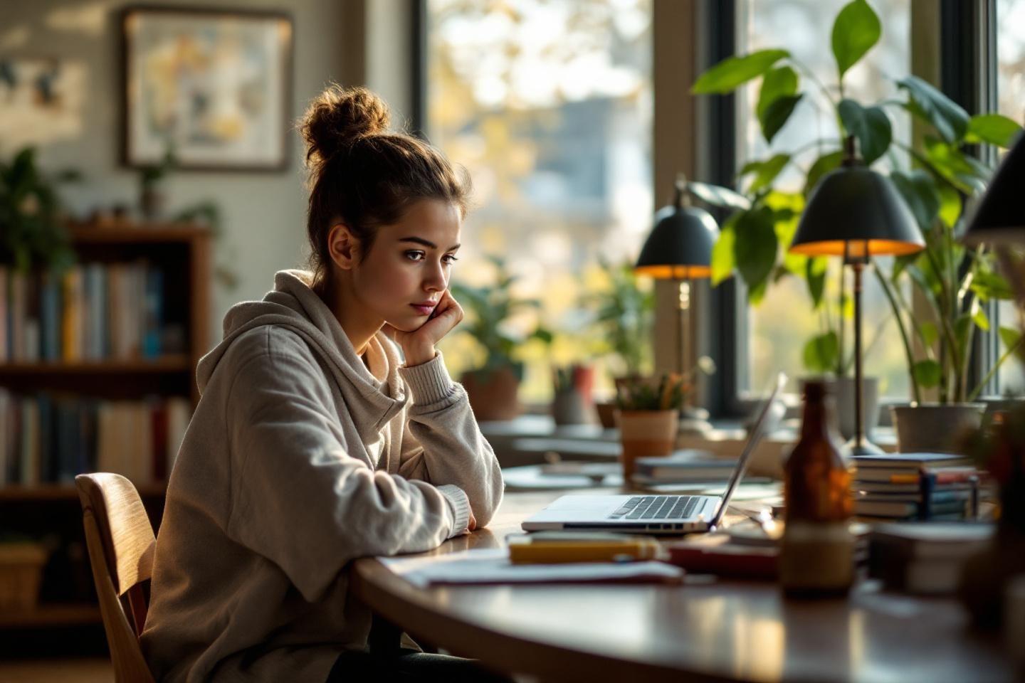 Femme pensive devant un ordinateur portable, lumière douce