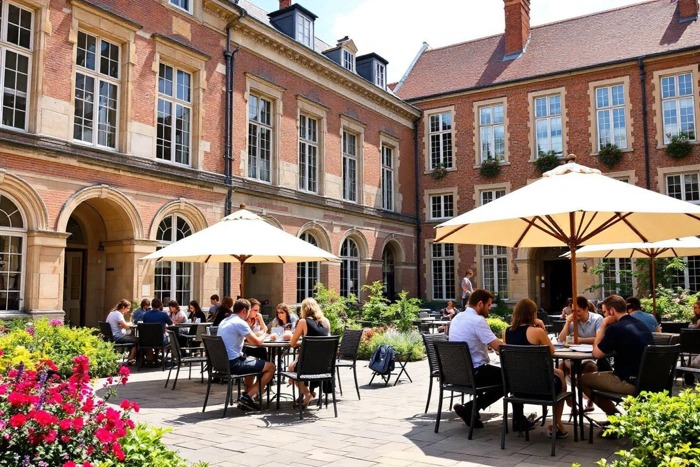 Cour int&eacute;rieure avec tables, parasols et personnes attabl&eacute;es