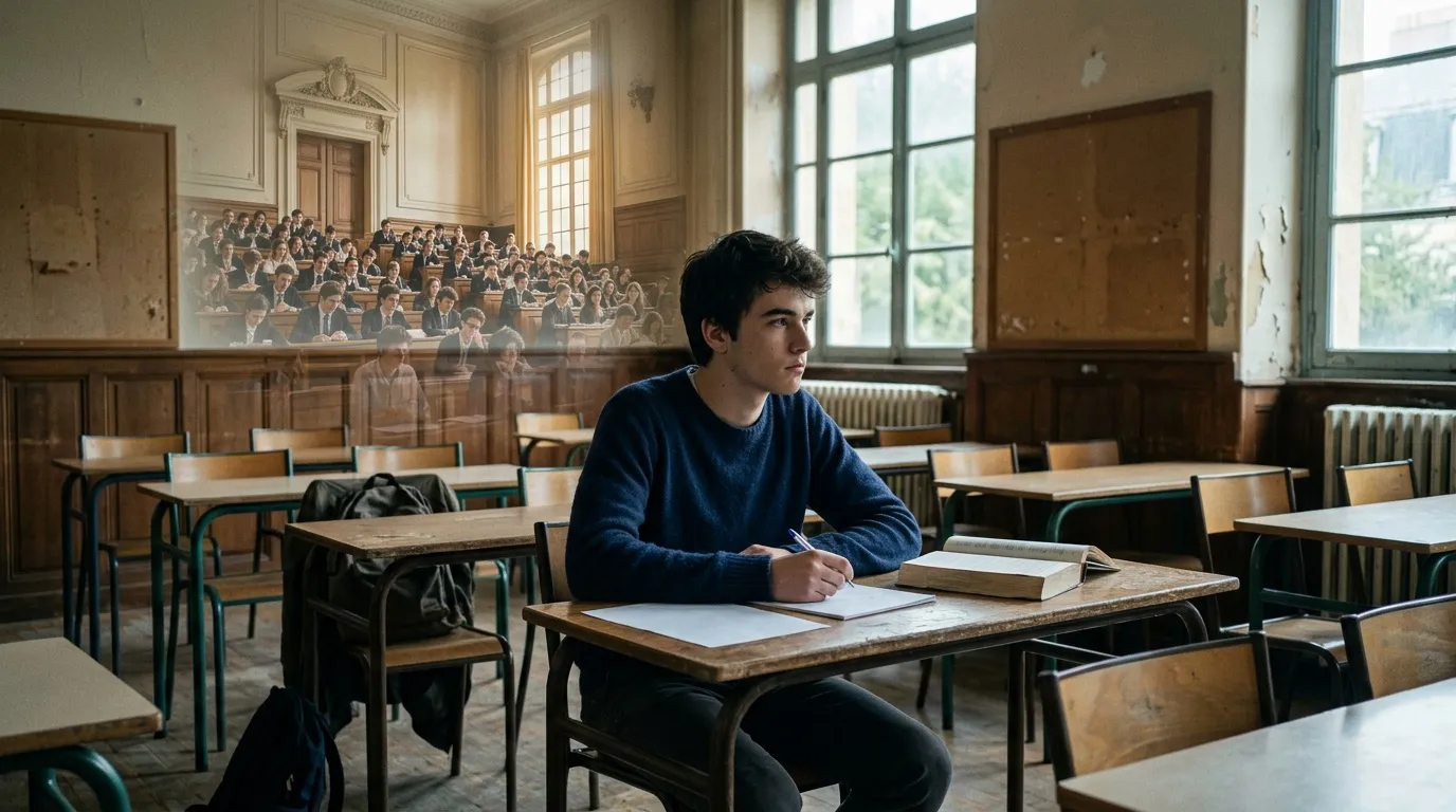 Jeune homme étudiant seul à un pupitre dans une salle de classe vide