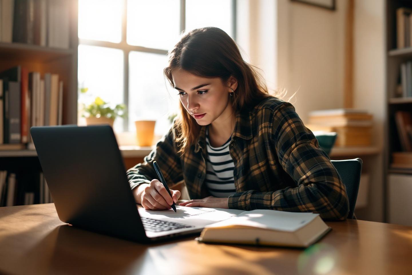 Jeune femme travaillant sur ordinateur portable avec un livre ouvert