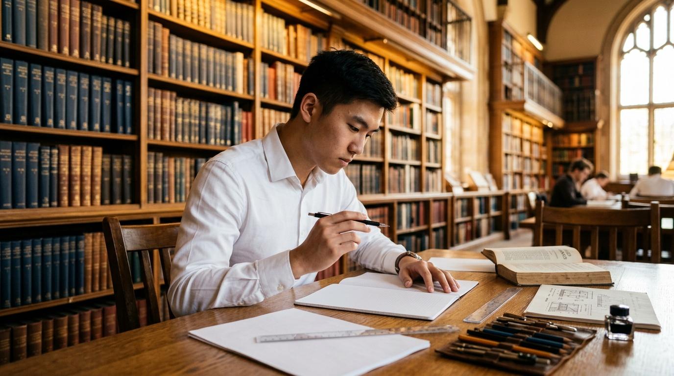 Jeune homme &eacute;crivant &agrave; sa table de travail en biblioth&egrave;que