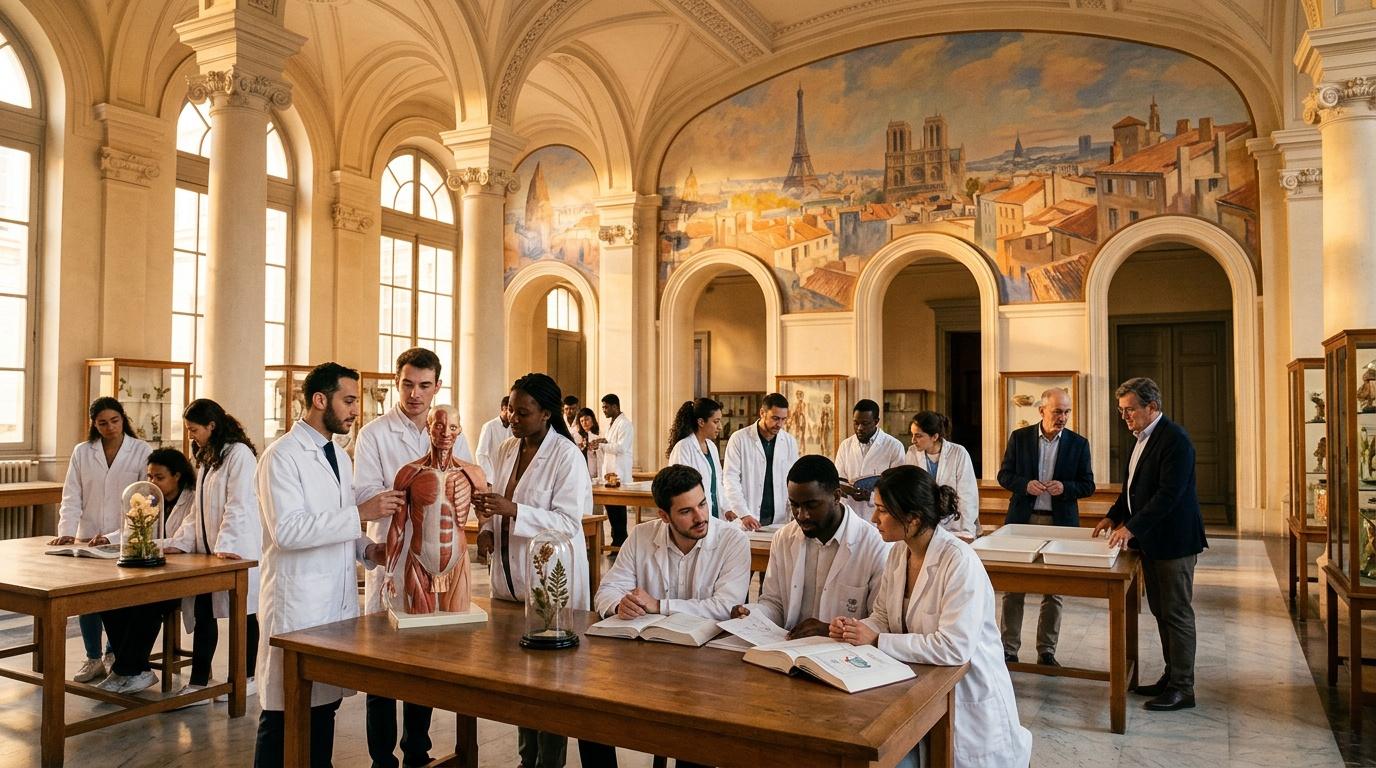 Étudiants en médecine observant modèle anatomique dans salle élégante