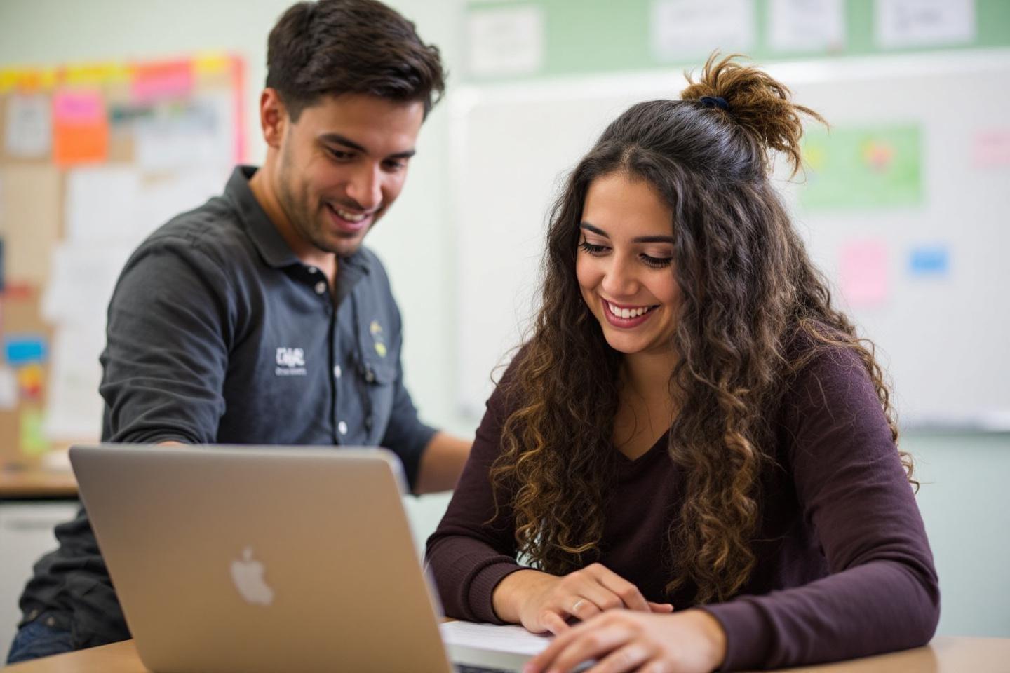 Deux collègues souriants travaillant ensemble sur un ordinateur portable