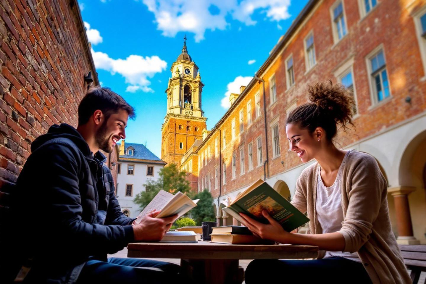 Deux étudiants lisant des livres près d'un clocher