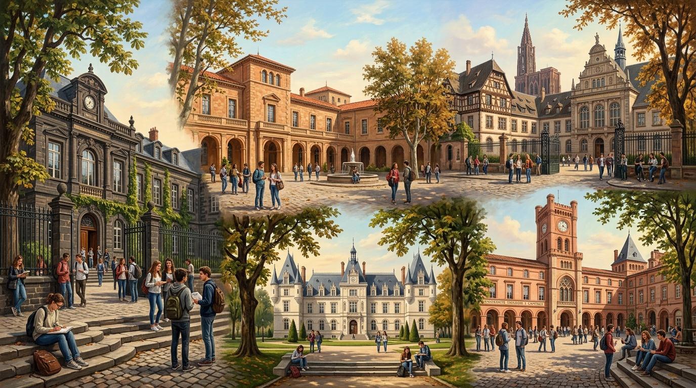 Campus universitaire avec bâtiments historiques et étudiants.