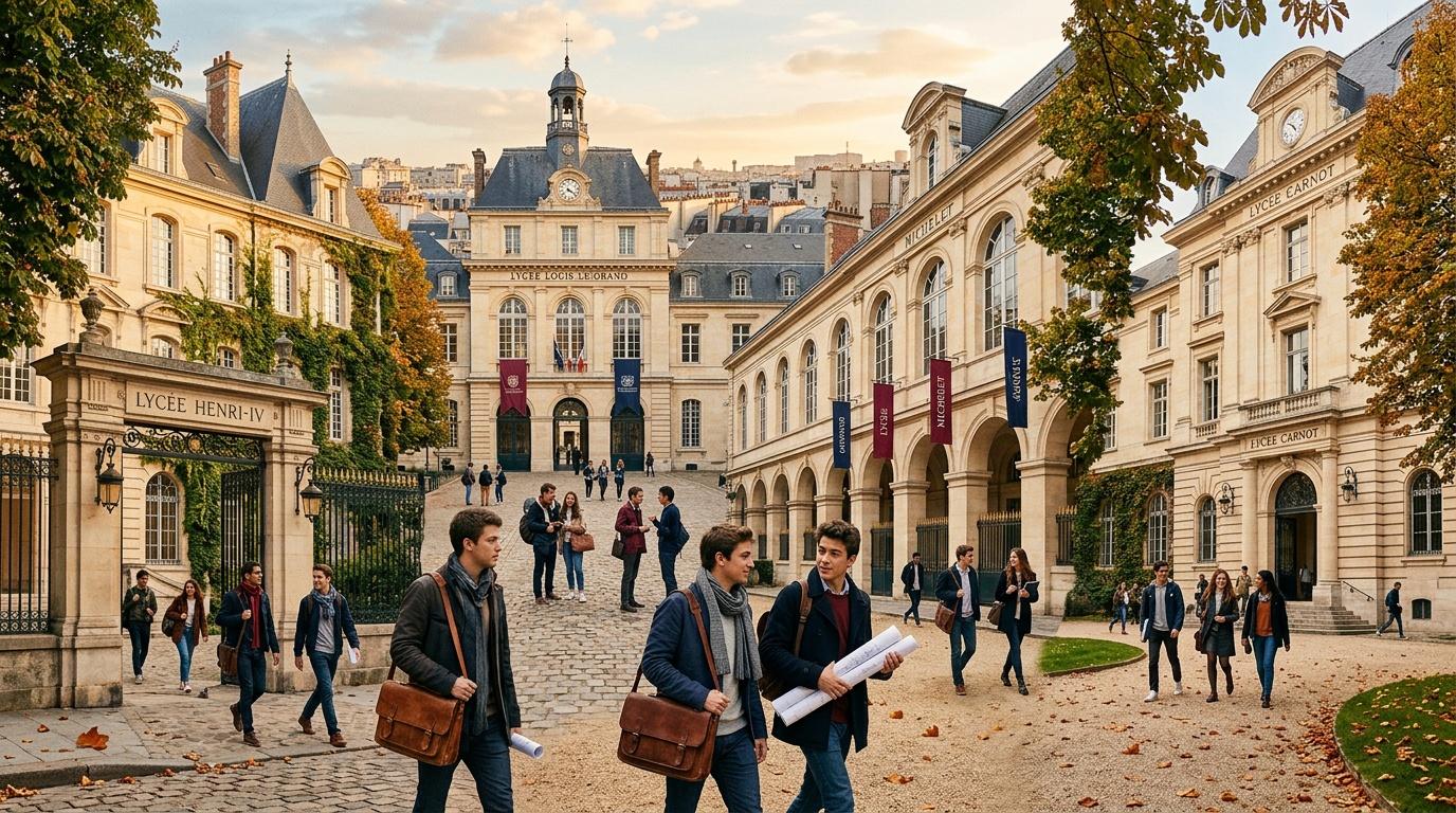 Étudiants dans cour historique avec bâtiments classiques français