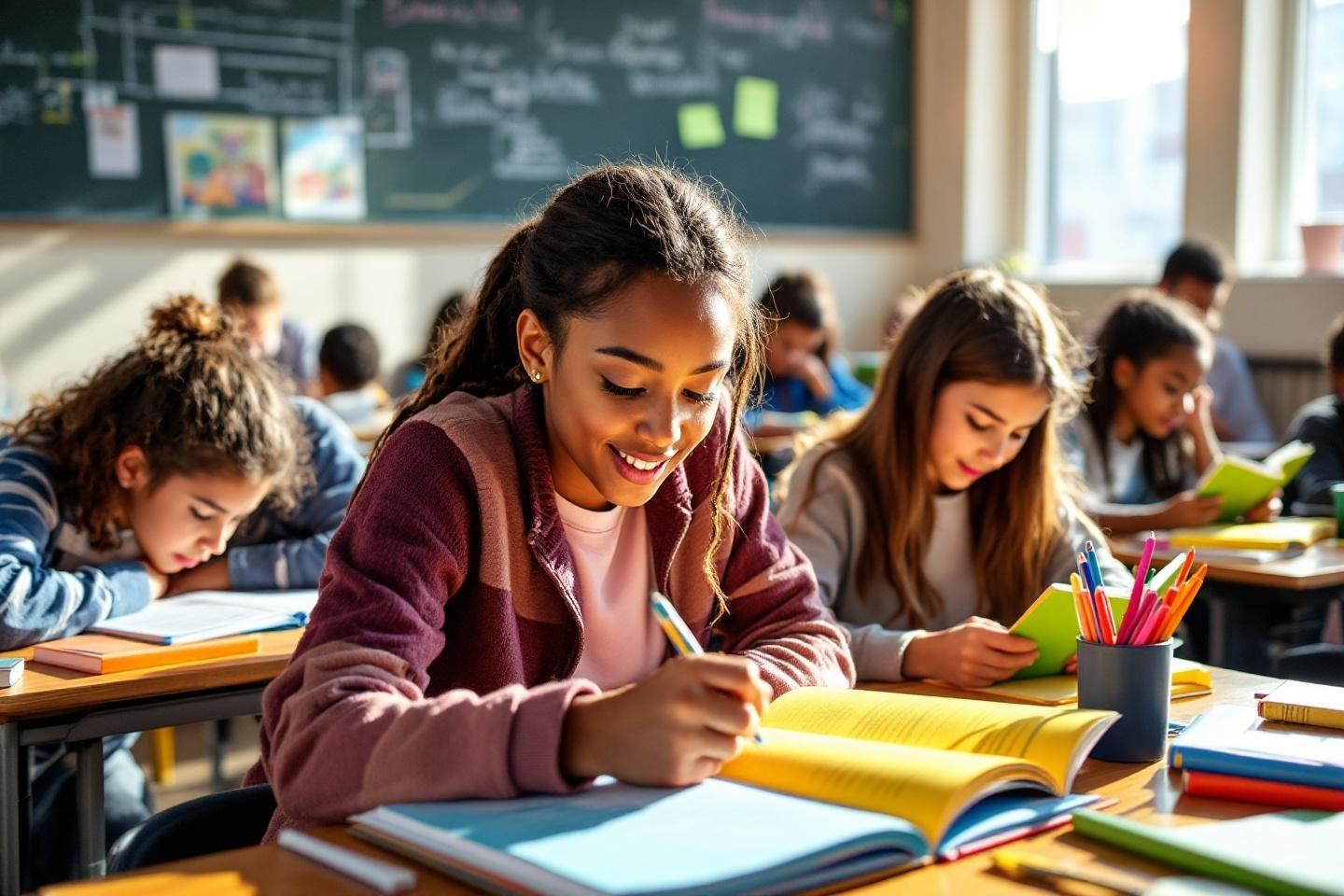 Écolières concentrées travaillant à leurs bureaux en salle de classe