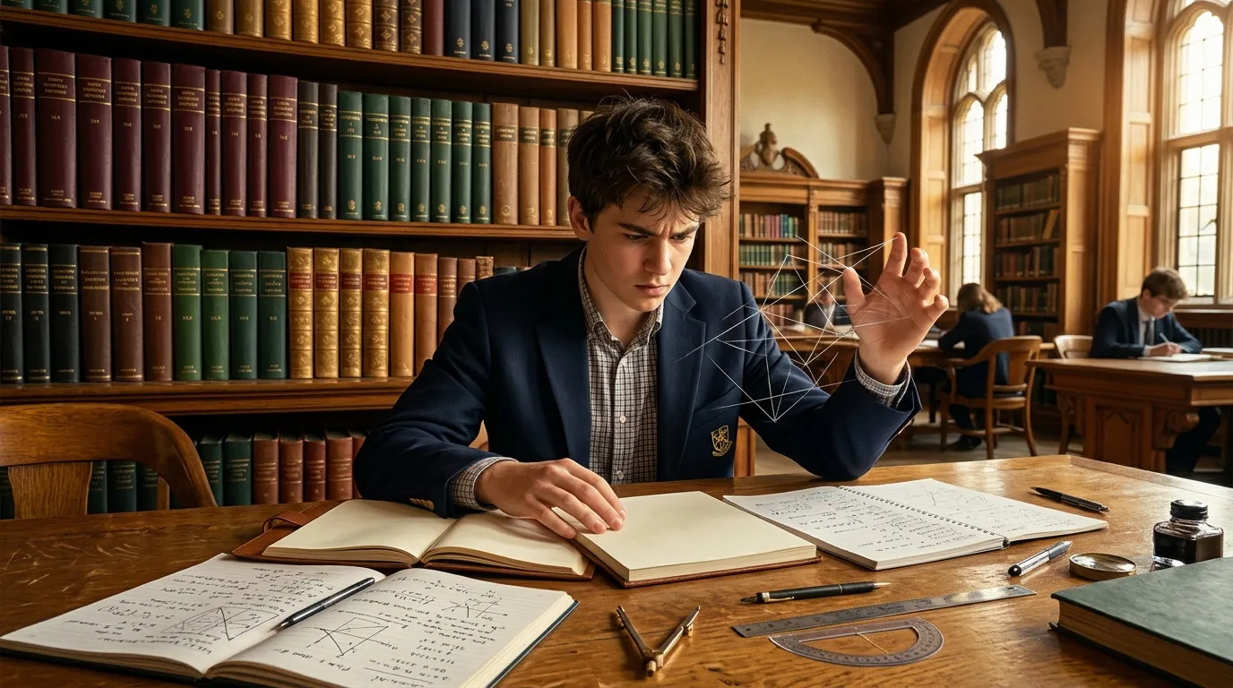 Jeune homme en blazer &eacute;tudiant les math&eacute;matiques en biblioth&egrave;que