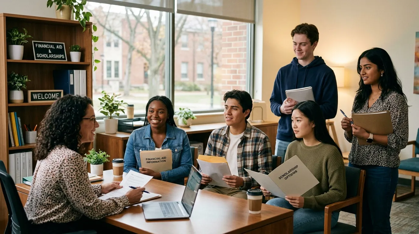 Conseillère présentant aide financière à groupe d'étudiants