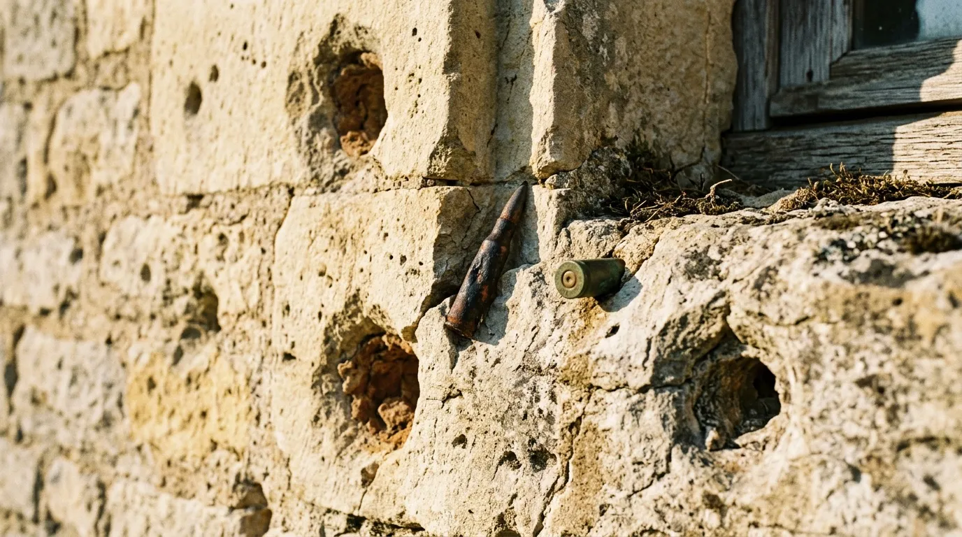 Mur en ruines avec impacts de balles et débris