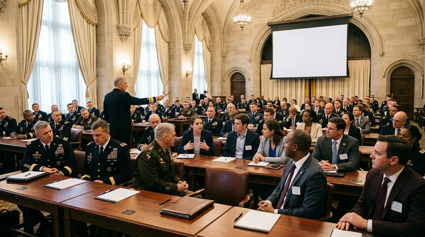 Officiers militaires et civils dans une salle officielle ornée
