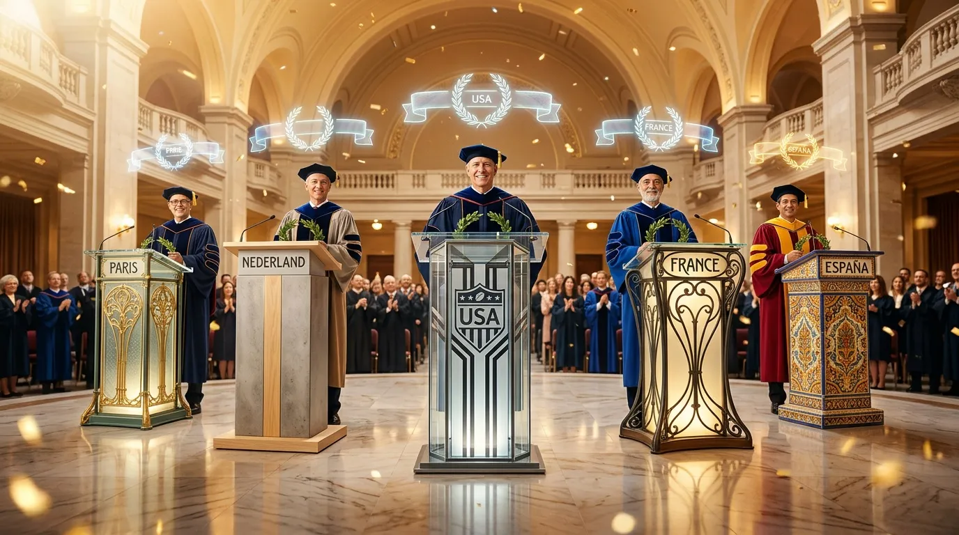 Cinq universitaires à des podiums dans un grand hall majestueux